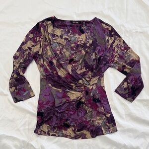NIC+ZOE Purple and Gold Floral Wrap Blouse—Medium